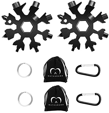 MATHARAGO Snowflake Multitool, 2pcs Snowflake Tool Stainless Steel 18 in 1 Snowflake Multitool with Carabiner Clip, Keyring and Storage Bag for Men's Present（Double Black）
