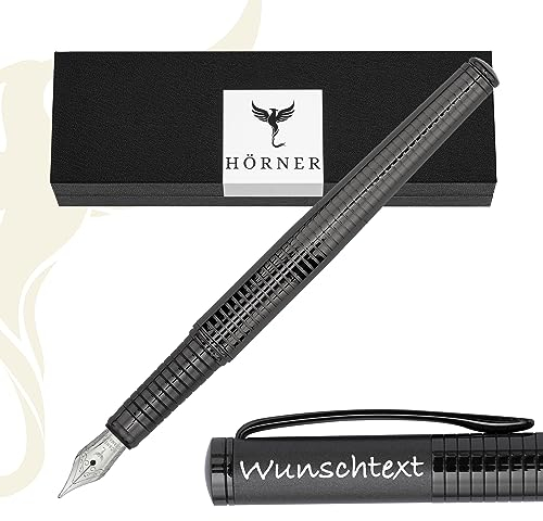 Hörner Fortress - Hochwertiger Füllfederhalter Metall mit Gravur I Premium Geschenkbox I Tinte in Schwarz I Luxus Design I Edel Feder Made in Germany I Attraktiver Stift für Herren und Damen