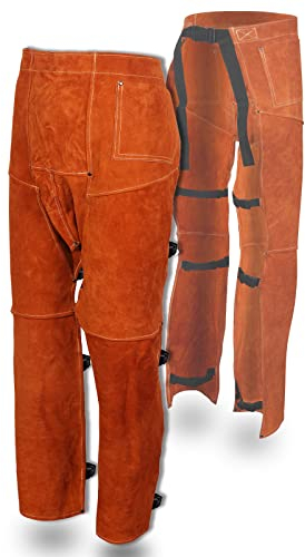 QeeLink Pantaloni da Saldatura, Resistenti al Calore e alle Fiamme, Protezione per Gambe di Sicurezza, Grembiule per Saldatura per Uomini e Donne, Regolabili da M a XXXL, Marrone， Corto-79cm