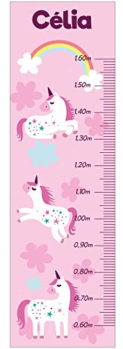 Personalisierbare Messlatte für Kinderzimmer, Motiv: Einhorn und Regenbogen, 130 cm.