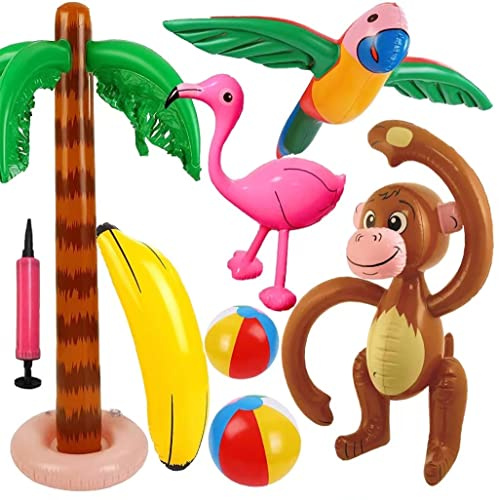 8 Stück Aufblasbares Palmen Kokosnussbaum Set, Hawaii Strandparty-Set inkl. Kokosnussbaum Banane Flamingo für Sommer Schwimmbad Hawaii Deko Themenparty