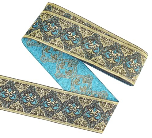 FINGERINSPIRE 5m 50mm Gold Blau Vintage Jacquard Band Ethno Stil Blumenmuster Stickerei Gewebte Borte Polyester Stoff Borte Retro Nähband Für Kleidung Taschenriemen Handwerksdekor
