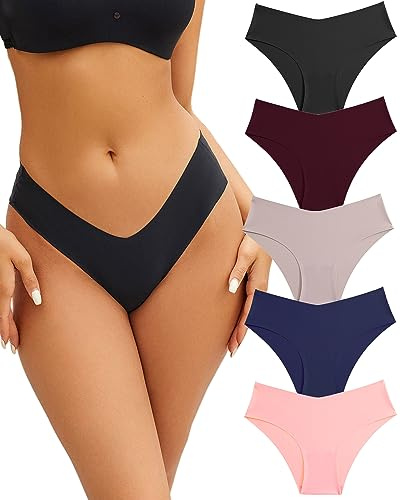 Women’s Seamless Underwear Soft Stretch Briefs Invisibles Hipster V Cut cheeky No Show Bikini Panties 5 pack XS-L (S)