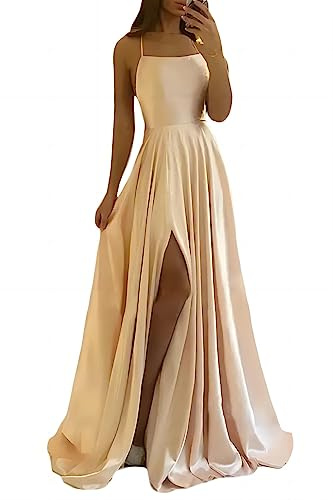 xxxiticat Eleganta långa balklänningar för kvinnor, satin, A-linje, bröllopsklänning, aftonklänningar, sexig halterneck, spaghetti, brudklänning, lång, prinsessa, brudtärneklänning, Champagneglas, S