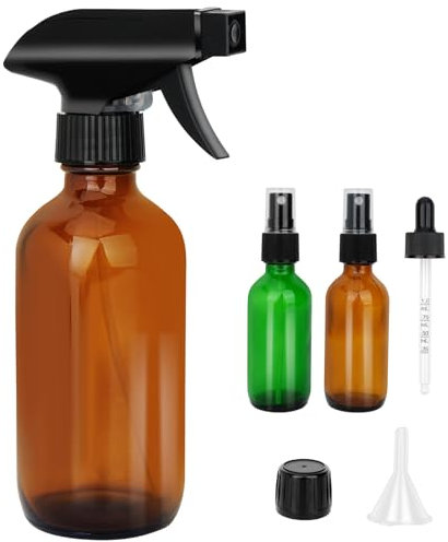 Botellas de spray de vidrio ámbar – Botella recargable grande de 8.4 onzas para aceites esenciales, plantas, soluciones de limpieza, rociador de cabello, boquilla ajustable para chorro, niebla y