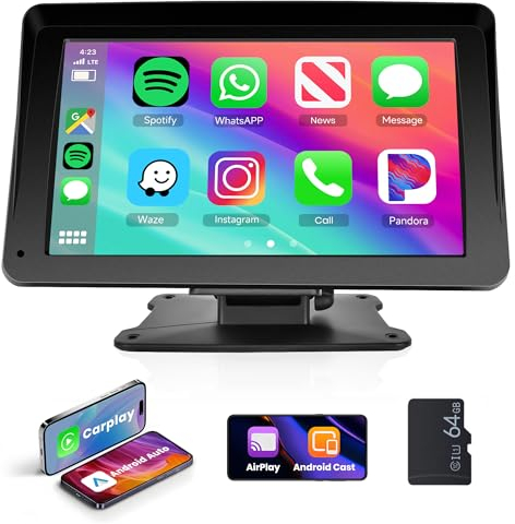 Rimoody Wireless Apple Carplay & Android Auto Portables Autoradio, 7 Zoll Touchscreen Tragbares Autoradio mit Apple Airplay/Android Mirror Link/Bluetooth/FM Transmitter/GPS/Siri/AUX/USB/64G TF Karte