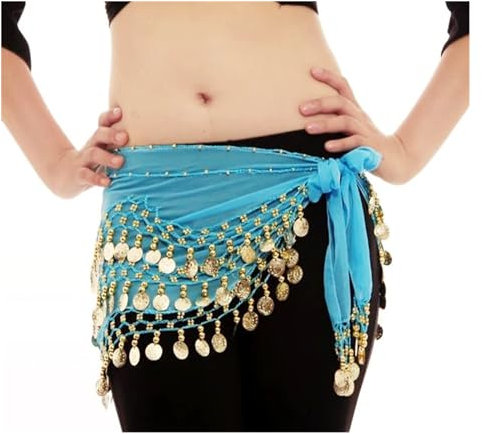 LMDO Bauchtanz-Kostüm, Hüftgürtel, 98 Münzen, Bauchtanz-Taillenschal für Damen, 13 Farben erhältlich, türkis, Einheitsgröße
