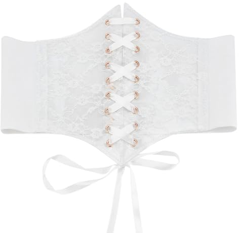 MAYJOYDIY Weißer Vintage Korsett Taillengürtel Zum Schnüren Elastisch Breit Für Damen Transparente Spitze Gehäkeltes Blütenblattband Gebundener Waspie Gürtel Für Hemden Kleidung Kostüm Taillenbund
