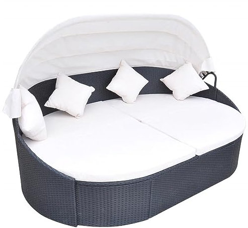FENLAX Outdoor-Loungebett mit Dach Poly Rattan Schwarz 230x145x80 cm Gartenmöbel Liege Outdoor Poolliege Outdoor Gartenliege Polyrattan Gartenbett Outdoor Balkon Bett Outdoor Liegesessel Outdoor