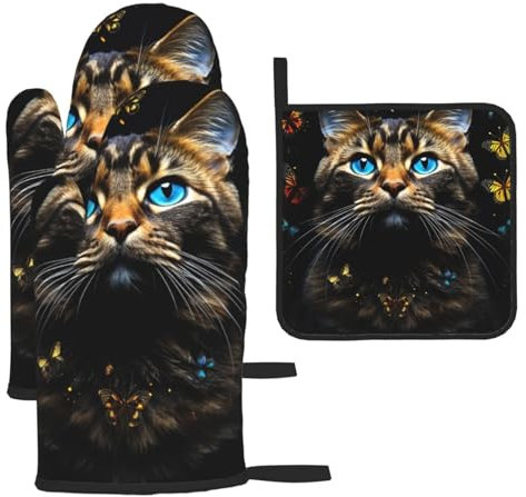 Cat Portrait Butterflies Printed Oven Mitts And Pot Holders Sets Oven Mitts Heat Resistant Oven Gloves For Cooking Baking Kitchen BBQ