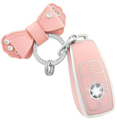 OFF WE GO Schlüsselhülle Cover für Mercedes Benz Autoschlüssel Hülle für Klasse A B C E S CLA CLS GLA GLS GLE GLC GLK SL SLC Auto Schlüssel mit Schlüsselanhänger Schutzhülle Schlüsselbox, Rosa Silber