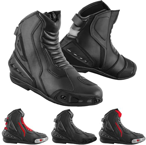 Vaster Moto Zapatos de moto de cuero para hombre, botas protectoras antideslizantes con soporte para el tobillo,CE Aprobado (Full Black, Sistema tallas calzado EU, Adulto, Números, Estrecho, 42)