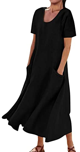 DeaAmyGline Sommerkleid Damen Lang Maxikleid Kurzarm Strandkleid Sommer V Ausschnitt Leinenkleid mit Taschen Leicht und Luftig Baumwolle Leinen Kleider Elegant Einfarbig Freizeitkleid