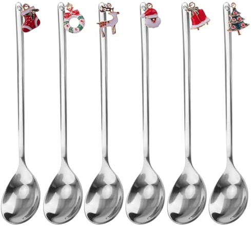 MytaYt 6 Stück Weihnachtslöffel Set Weihnachten Kaffeelöffel Edelstahl Weihnachtsgeschirr mit Weihnachtsanhänger für Kuchen/Dessert/Kaffeelöffel/Teelöffel/Tischdekoration (Silber)