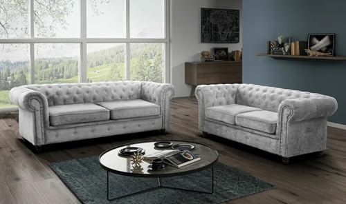 Easy4You Chesterfield Silber Velvet Set 3-Sitzer + 2-Sitzer Sofa Sofas für Wohnzimmer Sofagarnituren mit Holzfüße Set Sofas & Couches