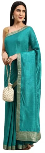 INDIA MADE Zari Sari in pura seta - 25023052, Turchese blu , taglia unica