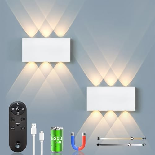 2pcs Akku Wandlampe, mit Fernbedienung Touch Control Schalter LED Magnetisch Akku Wandleuchte 5200mAh Kabellose Wandlampe 3 Modi Helligkeitsstufen, ideal für Loft Flur Schlafzimmer (Weiß)