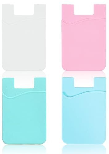 Leeneen 4Pack Silicone Self Adhesive Card Holders for Back of Phone,Card Holder Stick on,Phone Wallet Stick on,for Credit Card ID Business(White Pink)