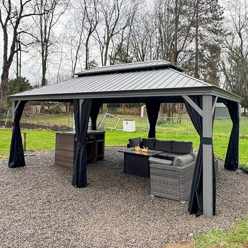 PURPLE LEAF Hardtop Pavillon mit Aluminium Rahmen 3.65 x 6 m Doppeldach Pavillon mit Moskitonetz und Vorhänge Gartenpavillon Wetterfest, Hellgrau