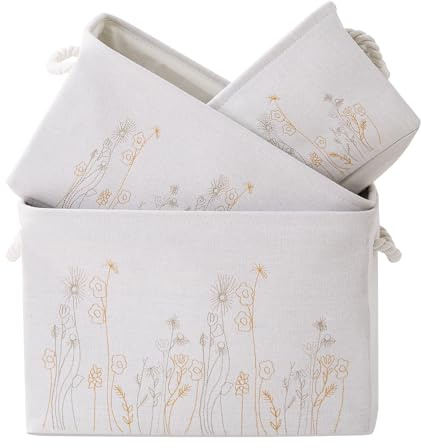 Cesta de almacenamiento de 3 unidades, cesta de almacenamiento de tela para tres tamaños, bordado de flores, cestas de almacenamiento de lona plegables para organización, estantería, guardería (Grau)