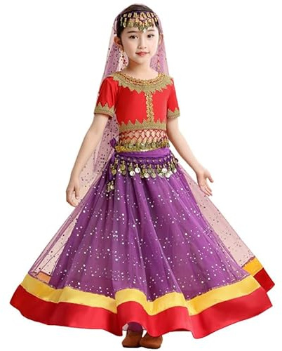 oneforus Bollywood Kostüm Set für Kinder Indien Tanz Kleid Bauchtanz Kleidung Bauchtanz Bühne Performance Chiffon Anzug 4Pcs/Set