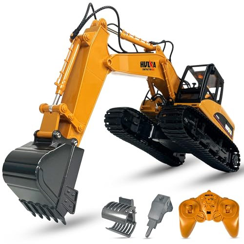CELMAN Ferngesteuerter Bagger - 15-Kanal RC Wiederaufladbare Bagger mit Metallschaufel, Abbruchhammer und Greife - 1:14 Maßstab, Gummiketten, Akku und Ladegerät
