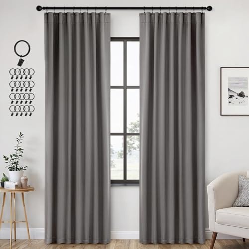 ANRODUO Rod Pocket and Back Tab Pleated Blackout Curtains with Hooks, Rings, Grey Curtains 84 Inches Long 2 Panels, Thermal Insulated Room Darkening Living Room Bedroom Curtain, 42x84 Inches