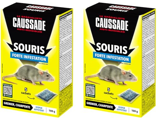 Caussade Anti-Souris - Forte Infestation - 10 Sachets Céréales - 200g | Lieux Secs - Prêt à l'Emploi - Une Ingestion Suffit - Fabriqué en France - CASAE4NX2