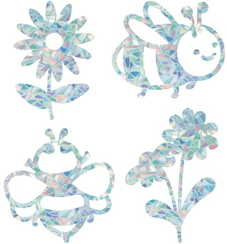 GORGECRAFT 16Pcs 4 Styles Bee Window Cling Flower Static Window Sticker Daisy Rainbow Glass Decals Anti-Collision Non-Adhesive Prism Vinyl Suncatcher Stickers to Save Birds from Window Strike