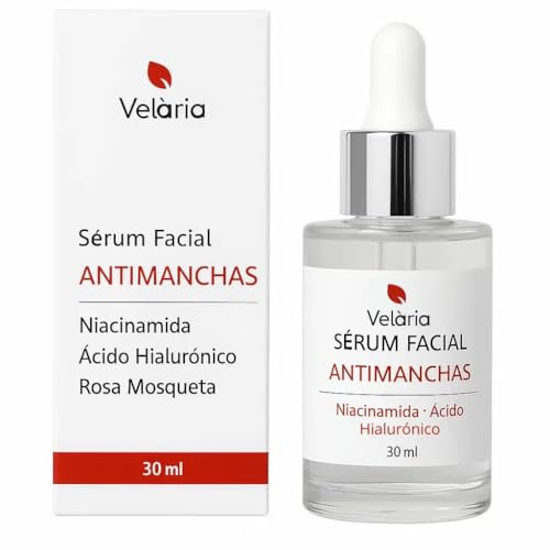 Velària Sérum Facial con Niacinamida 10%, Ácido Hialurónico y Rosa Mosqueta, 3 en 1, 30 ml antimanchas, mejora la textura de la piel.