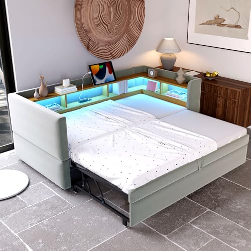 RIAZOS Polsterbett Ausziehbares Schlafsofa 90/180 x 190 cm, Einzelbett mit LED USB Steckdosen, Daybett mit Vielen Ablagefächern, Flanell, ohne Matratze, Hellgrau