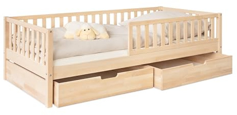 Ehrenkind® Kinderbett Buche Livo | FSC Zertifiziert | Kinderbett mit Rausfallschutz | Massivholz inkl. Lattenrost | 90x200 cm Natur mit Doppelschublade | Bett 90x200 | Inkl. Rausfallschutz