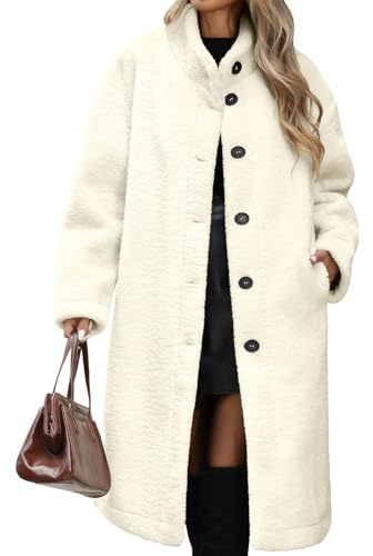NRZD Long Fleece Coats for Women, Warm Faux Fur Jackets Button Down Winter Coats Textured Fleece Jackets with Pockets(Beige,L)