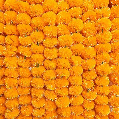 LYFJOY 5Piece Indian Handmade Artificial Genda/Marigold Flowers Garlands Decoration 5Ft Each Long Door Hanging Genda Phool for Wedding Festivals Light Orange