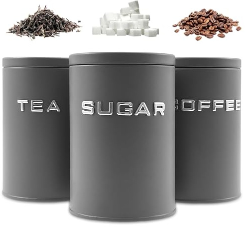 Zhjiutak Tea Coffee Sugar Canisters Set, 3 Pack Kitchen Canisters, 16 x 11 cm Versatile Coffee and Tea Storage Jars, Airtight Biscuit Container Set Food Storage Caddy with Lid(grey)