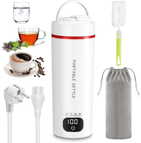 Viitech Bollitore da viaggio piccolo, 450 ml, 240 V, 300 W, tazza d'acqua elettrica con regolazione della temperatura di 45 °-100°, tazza per la cottura a pressione con custodia e spazzola per la
