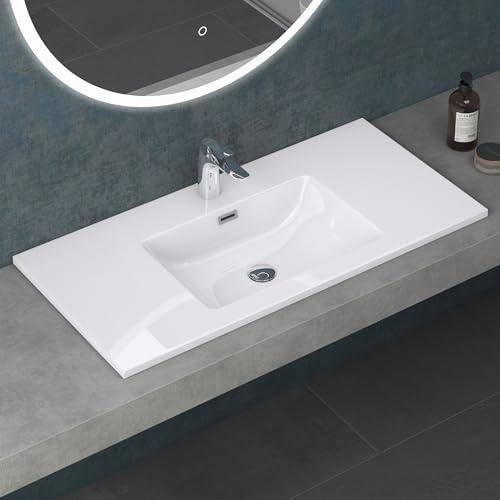 Mai & Mai Bathroom Sink Basin Inset Wash Basin | Cast Stone Resin Sink Rectangular White | Solid Surface Self Rimming Drop in Washbasin | WDH：80x48x15.5cm Col02