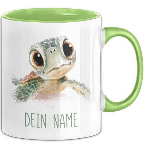 Schildkröten Tasse mit Namen – Personalisierte Tasse für Geburtstag Geschenkidee Tiermotiv Namenstasse (Grün)