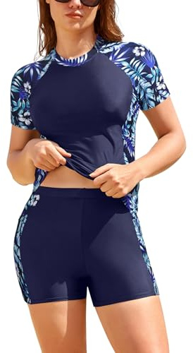 SHEKINI Womens 2 Piece Rash Guard Swimsuit UPF50+ | UPF50+ Short Sleeve Rash Vest, Built-in Bra, Boyshorts with Pockets, 82N 18E Quick Dry, Swimming Costume, Swimwear