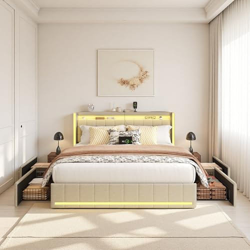 Zorvani Polsterbett 180x200 cm mit LED-Beleuchtung & USB Ladefunktion, Doppelbett mit 4 Schubladen, Stauraumbett Funktionsbett, Bettgestell mit Lattenrost, Jugendbett, Leinen, ohne Matratze (Beige)