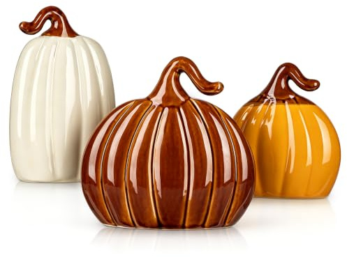 Briful Set of 3 Ceramic Artificial Pumpkin Ornaments for Autumn Decorations