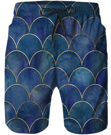 Mens Swim Trunks with Mesh Lining,Mermaid Fish Scale Wave Quick Dry Swimsuit Board Shorts Beach Pants Swimwear Bathing Suits L