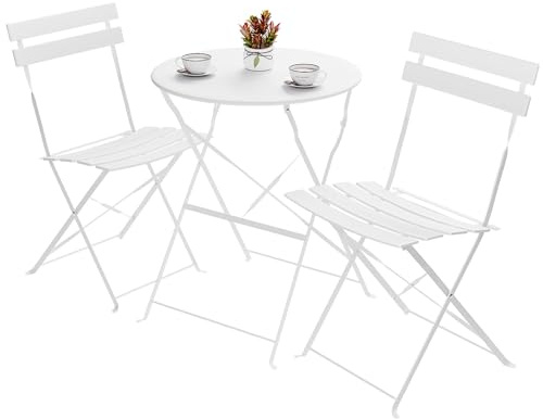 LIFERUN Juego de Muebles de Balcón de 3 Piezas, Bistro Set de Metal con 1 Mesa y 2 Sillas, Resistentes a la Intemperie, Plegables, para Pequeños Balcones, Terrazas y Jardines, Blanco