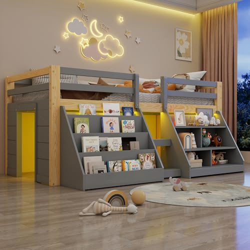 Kinderbett Halbhohes Bett 90x200, Hochbett Einzelbett mit LED-Beleuchtung & Mehrere Einlegeböden, Holzbett Stauraumbett Funktionsbett Jugendbett mit Lattenrost & Rausfallschutz, Kiefer, Ohne Matratze