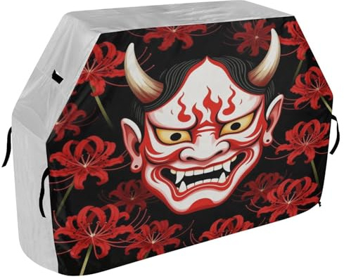 Copertura per barbecue da 165 cm, resistente e antivento, per barbecue all'aperto, maschera Oni e giglio ragno rosso