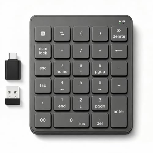 Pavé numérique sans fil avec adaptateur USB vers USB-C, pavé numérique 28 touches portable 2,4 GHz, clavier USB à 10 touches pour ordinateur portable, PC, bureau, Surface Pro, Notebook – Noir