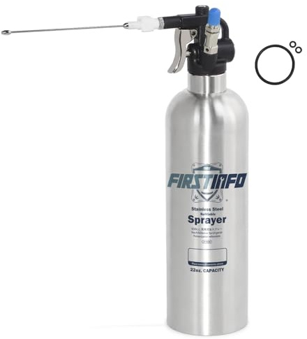 FIRSTINFO Drucksprüher Bremsenreiniger Sprühflasche 650ml Edelstahl A1636 | Wiederbefüllbare Edelstahl-Drucksprühflasche mit 2-Wege-Düse für Strahl & Sprühnebel, 110 psi Sicherheitsventil.