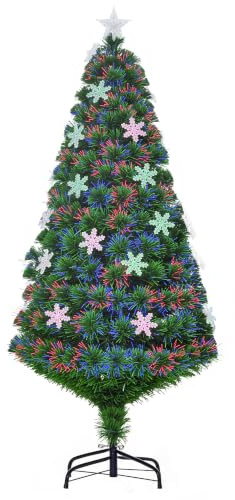 HOMCOM Árbol de Navidad Artificial 150cm Luces Fibra Óptica Soporte | Árboles de Abeto, Decoraciones Navideñas, Copos de Nieve, LED Multicolor, Ignífugo