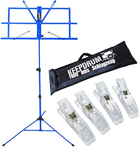 keepdrum MUS2 BL Notenständer Blau + Tasche + 4 Stück Clip Notenklammer