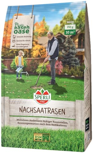SPERLI's Nachsaatrasen 88600-0,25 kg für 10 m² - schnellkeimend - Rasensamen für Rasenregeneration - optimal für Sport und Spiel - Made in Germany - RSM zertifizierte Grassamen - ideal gegen Lücken